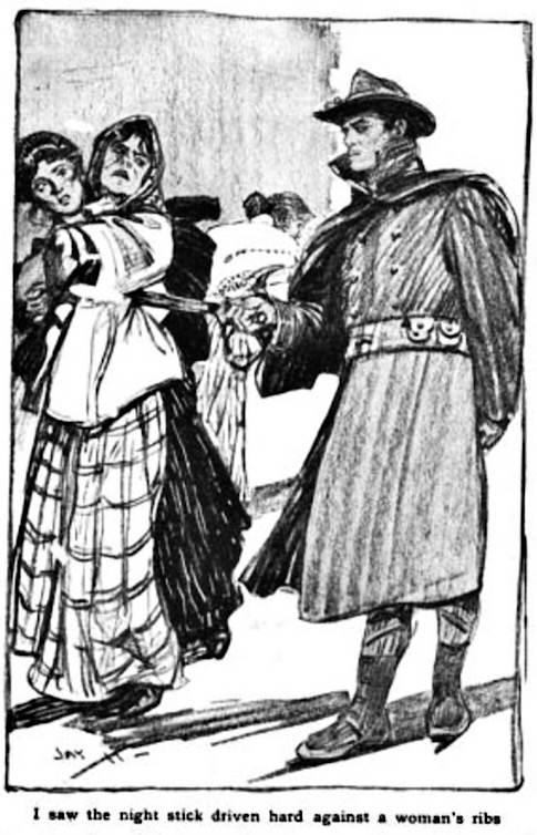 Revolt at Lawrence, Woman Beaten, by Jay Hambidge, Colliers p15, Mar 9, 1912