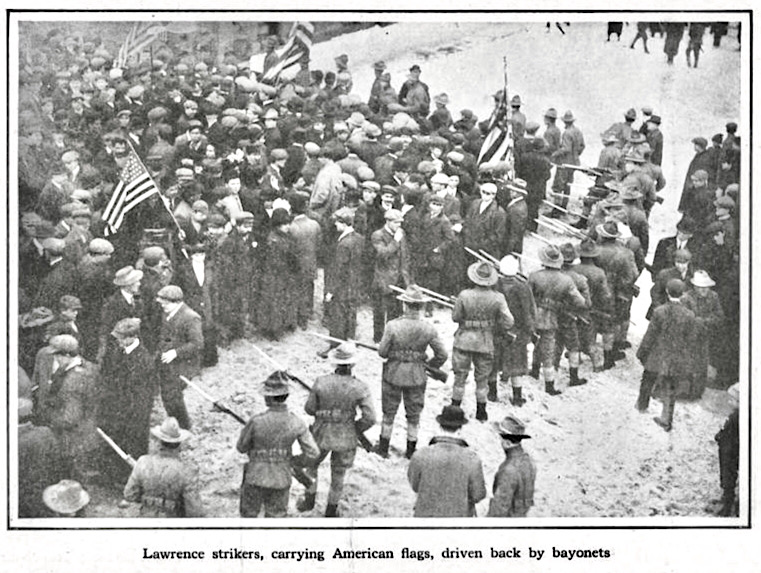 Lawrence Trouble w Bayonets by MHV, Harpers Wkly p10, Mar 16, 1912