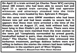 Quote Wm C Blizzard, Nine Miners in Chains Charles Town WV Apr 23, 1922, When Miners March p294