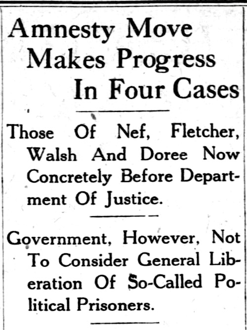 HdLn Amnesty Move for Fletcher Nef Walsh Doree, Blt Sun p13, Apr 20, 1922