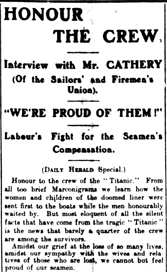HdLn Titanic Honor the Crew, London Dly Hld p1, Apr 18, 1912