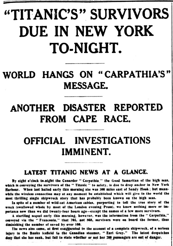 HdLn Titanic Survivors to NYC, London Dly Hld p1, Apr 18, 1912