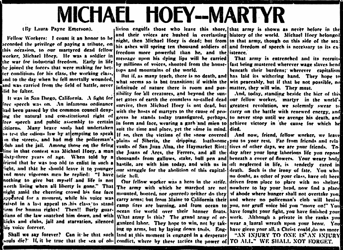IWW San Diego FSF, Michael Hoey Martyr, IW p1, Apr 11, 1912