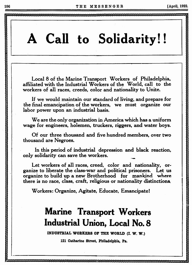 Solidarity w MTW of Philly, Messenger p396, Apr 1922
