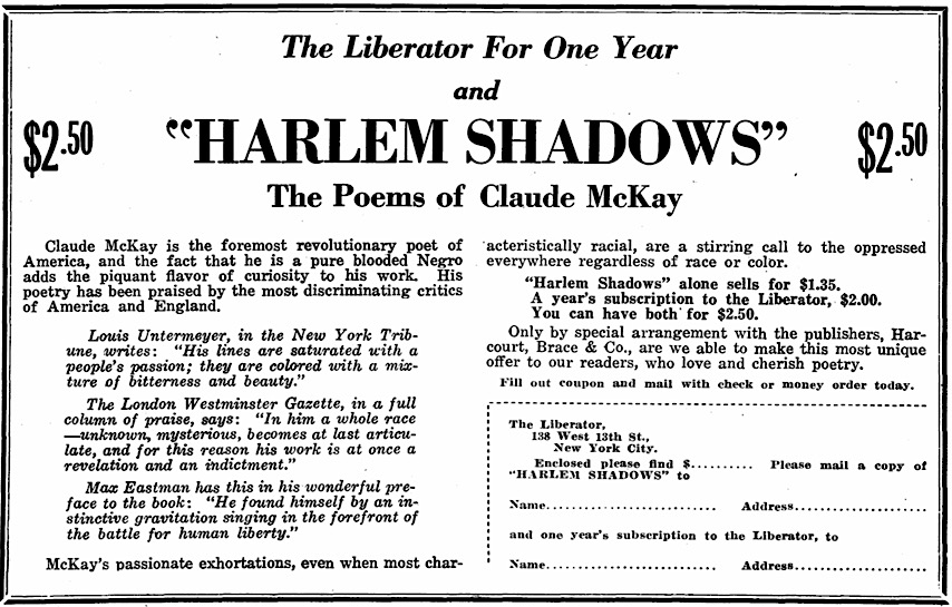 Ad Harlem Shadows Claude McKay, Lbtr p31 May 1922