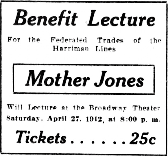 Mother Jones Ad for Lecture, Btt Mnr p10, Apr 25, 1912