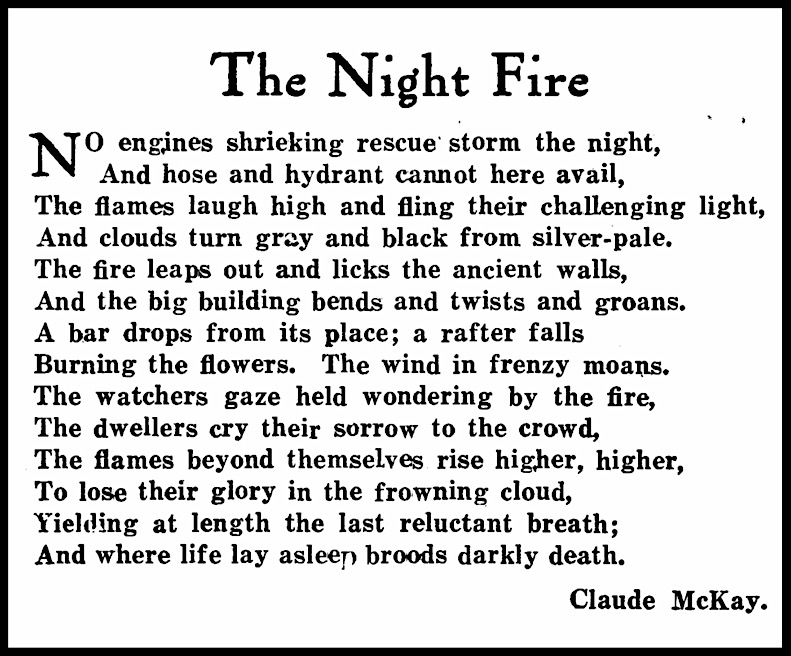 Night Fire Poem by Claude McKay, Lbtr p16, May 1922