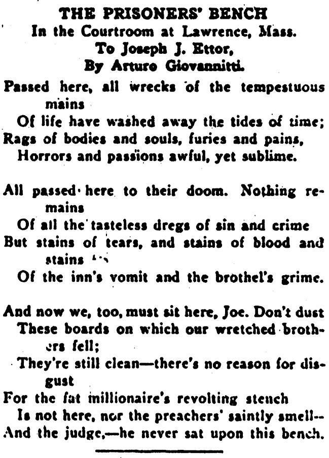 Prisoners Bench Poem by Arturo Giovannitti, IW p4, May 30, 1912