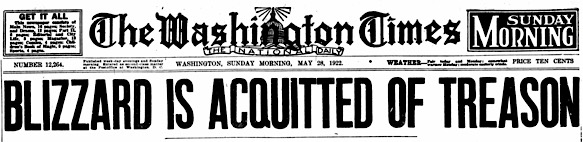 HdLn Blizzard Acquitted of Treason, WDC Tx p1, May 28, 1922