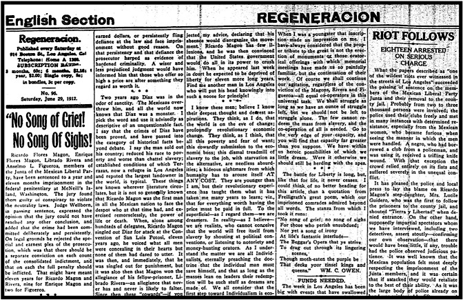 English Section re Mexican Comrades Magon etc to McNeil Prison, Regeneracion p4, June 29, 1912