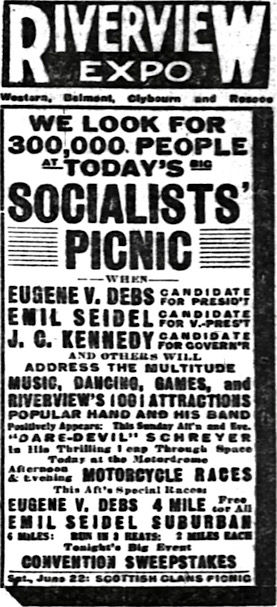 Ad Socialist Picnic Riverview Park, Chicago, EVD to Speak, Inter Ocn p33, June 16, 1912