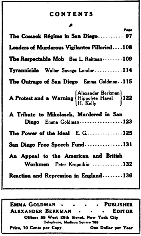 Mother Earth Contents p96, IWW San Diego FSF, June 1912