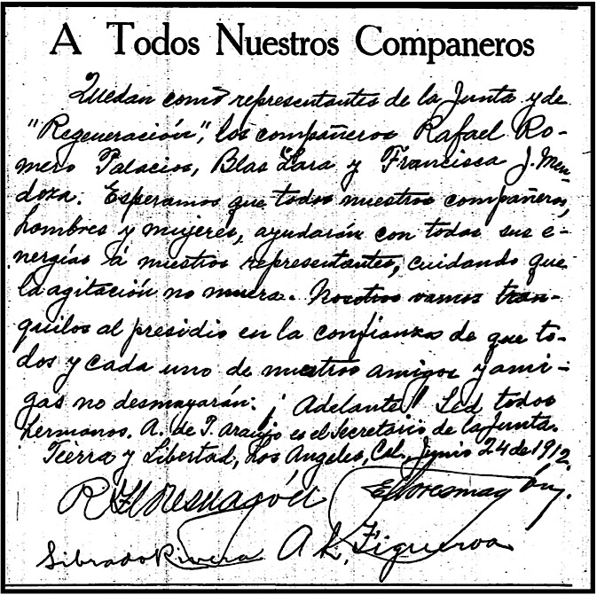 A Todos Nuestros Companeros Vamos Tranquilos, Regeneracion p1, June 29,1912