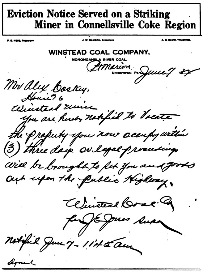 Connellsville Coal Strike, Eviction Notice, UMWJ p14, July 15, 1922