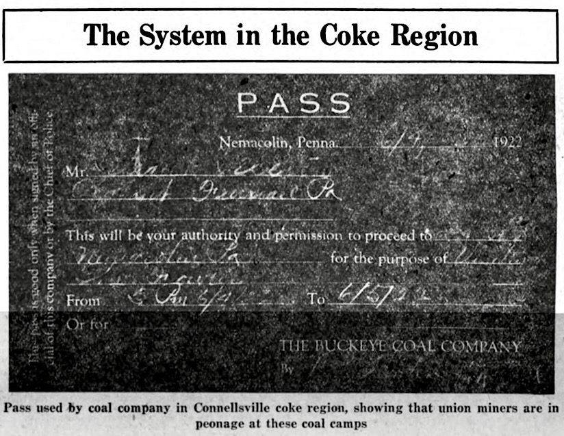 Connellsville Coal Strike, Pass, UMWJ p9 July 15, 1922