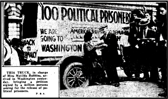Matilda Robbins with Truck n Petition for Release of Political Prisoners, WDC Tx p15, July 20, 1922