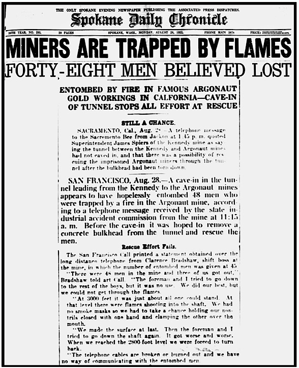 HdLn Miners Trapped by Flames Jackson CA MnDs, Spk Chc p1, Aug 28, 1922