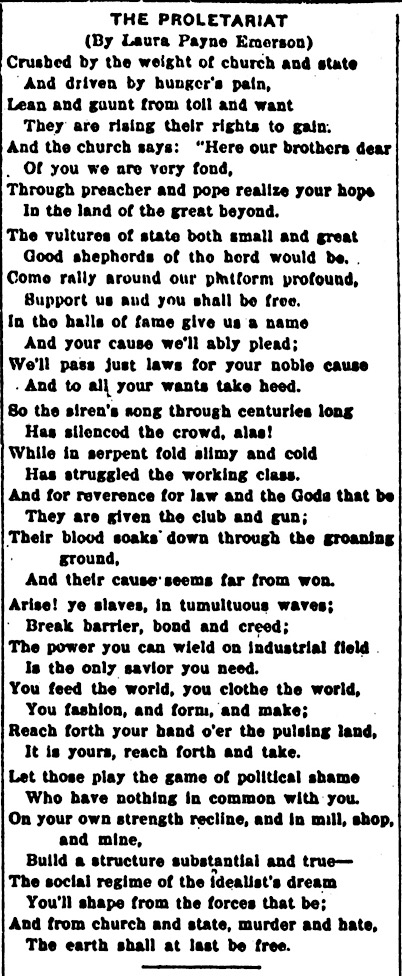 POEM The Proletariat by Laura Payne Emerson, IW p3, Aug 29, 1912