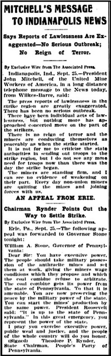 Great Anthracite Strike, Mitchell Statement, Scranton Tb p1, Sept 26, 1902