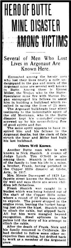 re Aug 28 Argonaut MnDs, Jackson CA,  Hero of Butte MnDs Among Dead, Anaconda Stn p1, Sept 19, 1922