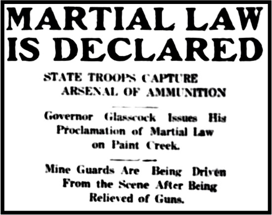 HdLn WV Martial Law Declared, Wlg Int p1, Sept 4, 1912