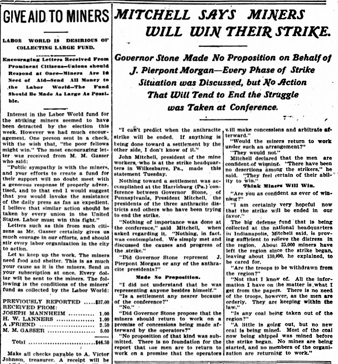 Great Anthracite Strike, Mitchell Says Miners Will Win, LW p1, Sept 20, 1912