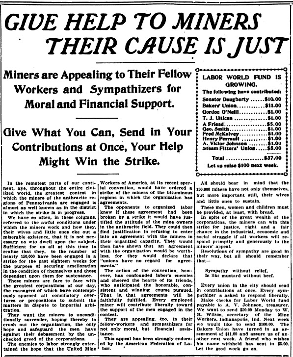 Great Anthracite Strike, Give to Miners, LW p1, Sept 13, 1912