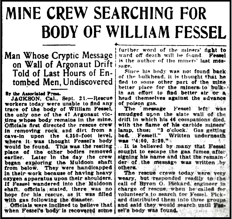 Search for Body of Fessell, Argonaut Mine, Anaconda Stn p1, Sept 22, 1922