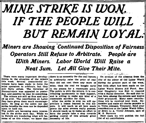 Great Anthracite Strike, Mine Strike Won, LW p1, Sept 6, 1912