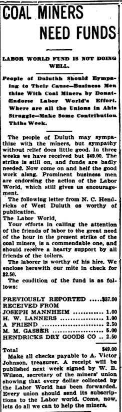 Great Anthracite Strike, Fund for Miners Not Doing Well, LW p1, Sept 27, 1912
