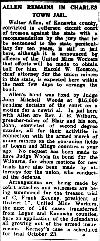 Newsclip WV Treason Trial, W Allen Convicted, Charles Town Spirit of Jefferson p2, Oct 3, 1922