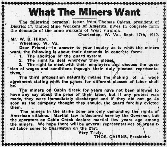 WV Miners Demands per Cairns, Wlg Maj p1, Sept 19, 1912