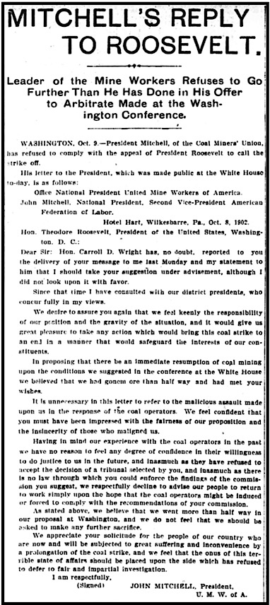 Mitchell Replies to Roosevelt re Settle Grt Anth Strk, NY Eve Wld p2, Oct 9, 1902