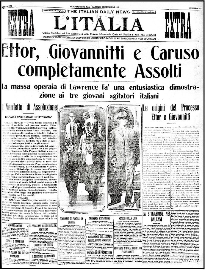 Ettor, Giovannitti, Caruso Acquitted, SF Litalia, p1, Nov 26, 1912