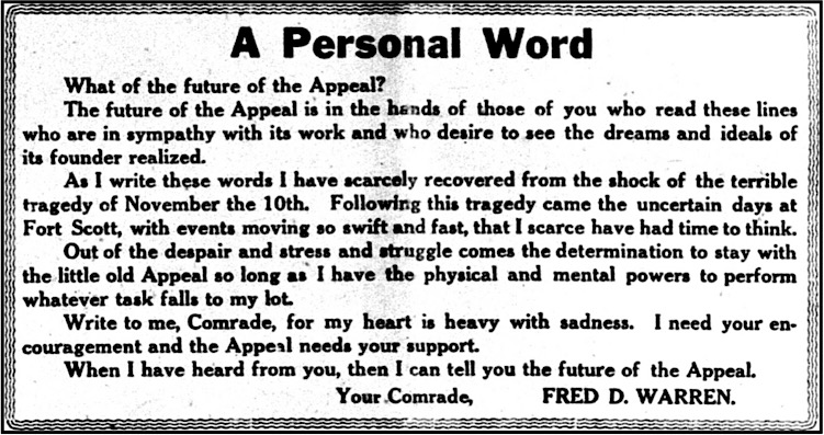 Fred Warren re AtR after Death of Wayland, Atr p1, Nov 23, 1912