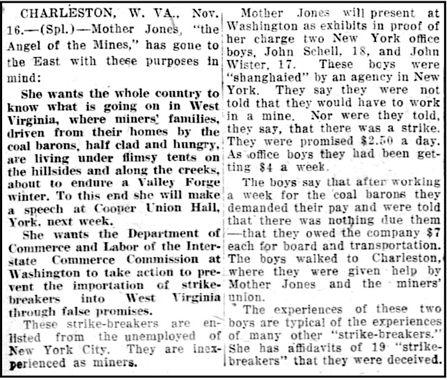 re Mother Jones w 2 City Offices Boys Brot to WV, KY Pst p1, Nov 16, 1912