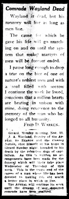 JA Wayland Dead, AtR p1, Nov 16, 1912