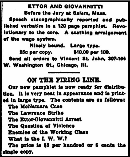 Ad for Pamphlets: Firing Line, Ettor n Giovannitti bf Jury, IW p7, Dec 26, 1912