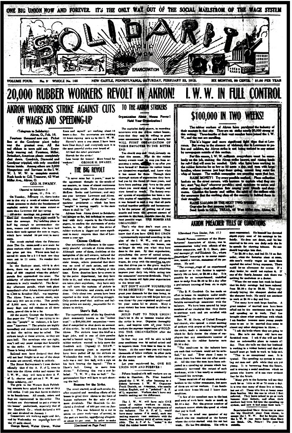 Akron Rubber Strike IWW in Control, Sol p1, Feb 22, 1913