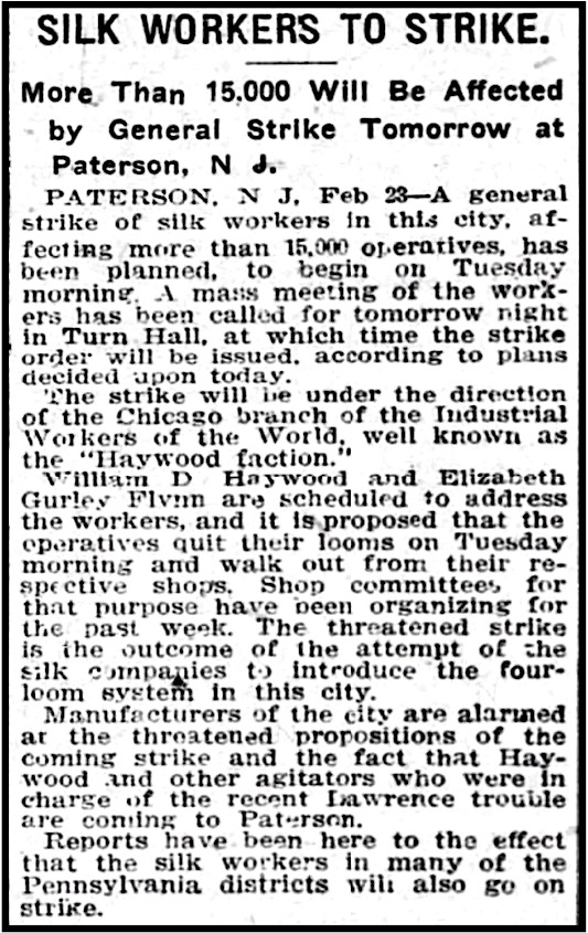 Paterson Silk Workers to Strike, Bst Glb p9, Feb 24, 1913