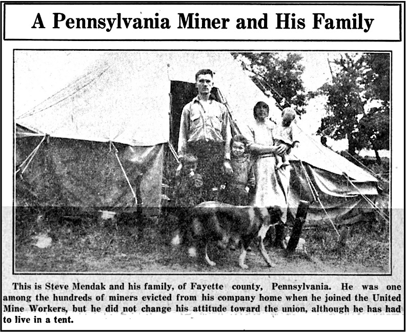 SW PA UMW Strike, Mendak Family in Tent Fayette Co, UMWJ p9, Dec 15, 1922