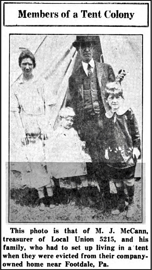 UMW So W PA Strike, Miner and Family in Tent at Footdale, UMWJ p11, Nov 15, 1922