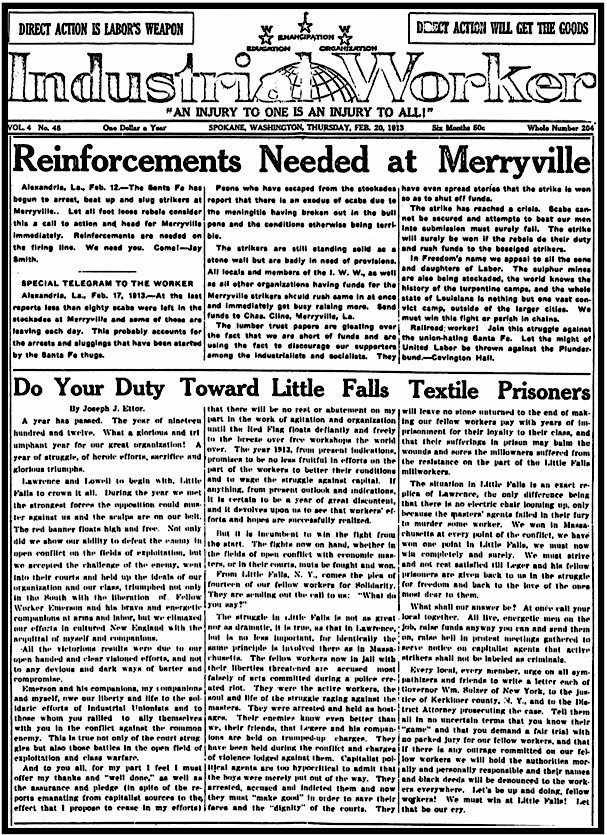Merryville Strike, Little Falls Prisoners, by C Hall n Ettor, IW p1, Feb 20, 1913