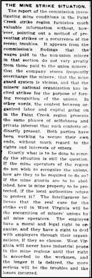 re Report of Glasscock Comm on WV Miners Strike, Wlg Int p4, Dec 5, 1912
