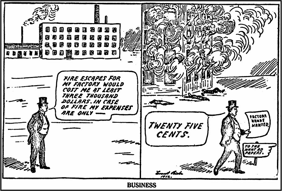 CRTN Ernest Riebe re Cost of Fire Escapes, IW p1, Dec 12, 1912