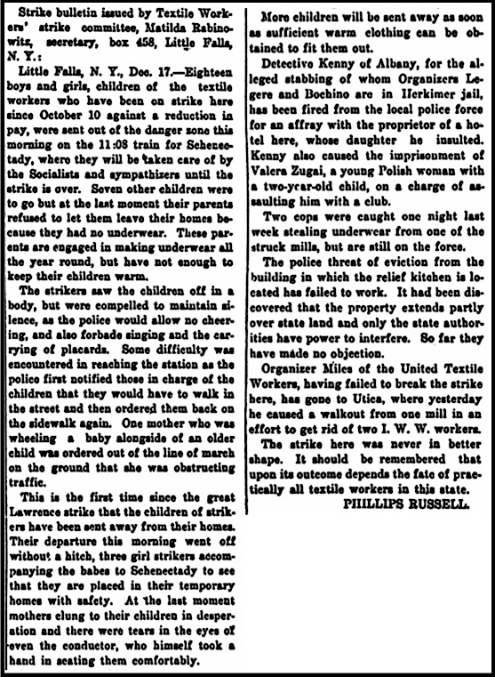 Article Little Falls Strikers Send Children Away, IW p1, Dec 26, 1912