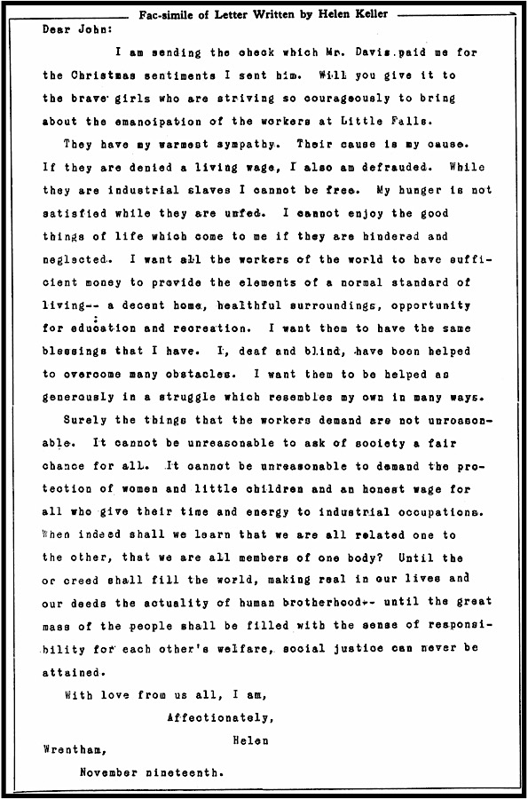 Letter fr Helen Keller to Little Falls Strikers, ISR p518, Jan 1913