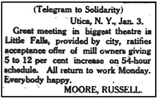 Telegram re Little Falls NY Strike Settle, Sol p1, Jan 11, 1913