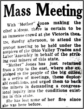 Mass Meeting Scheduled for Sunday w Mother Jones, Wlg Maj p1, Jan 2, 1913