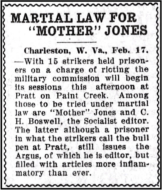 Mother Jones n Editor Boswell Held Under WV Martial Law, Akron Bcn Jr, p1, Feb 17, 1913